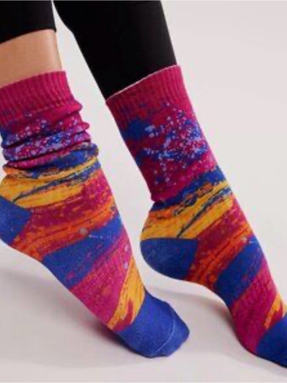 Free People Magenta Crew Socks with Blue & Yellow Wave Pattern M/L Women